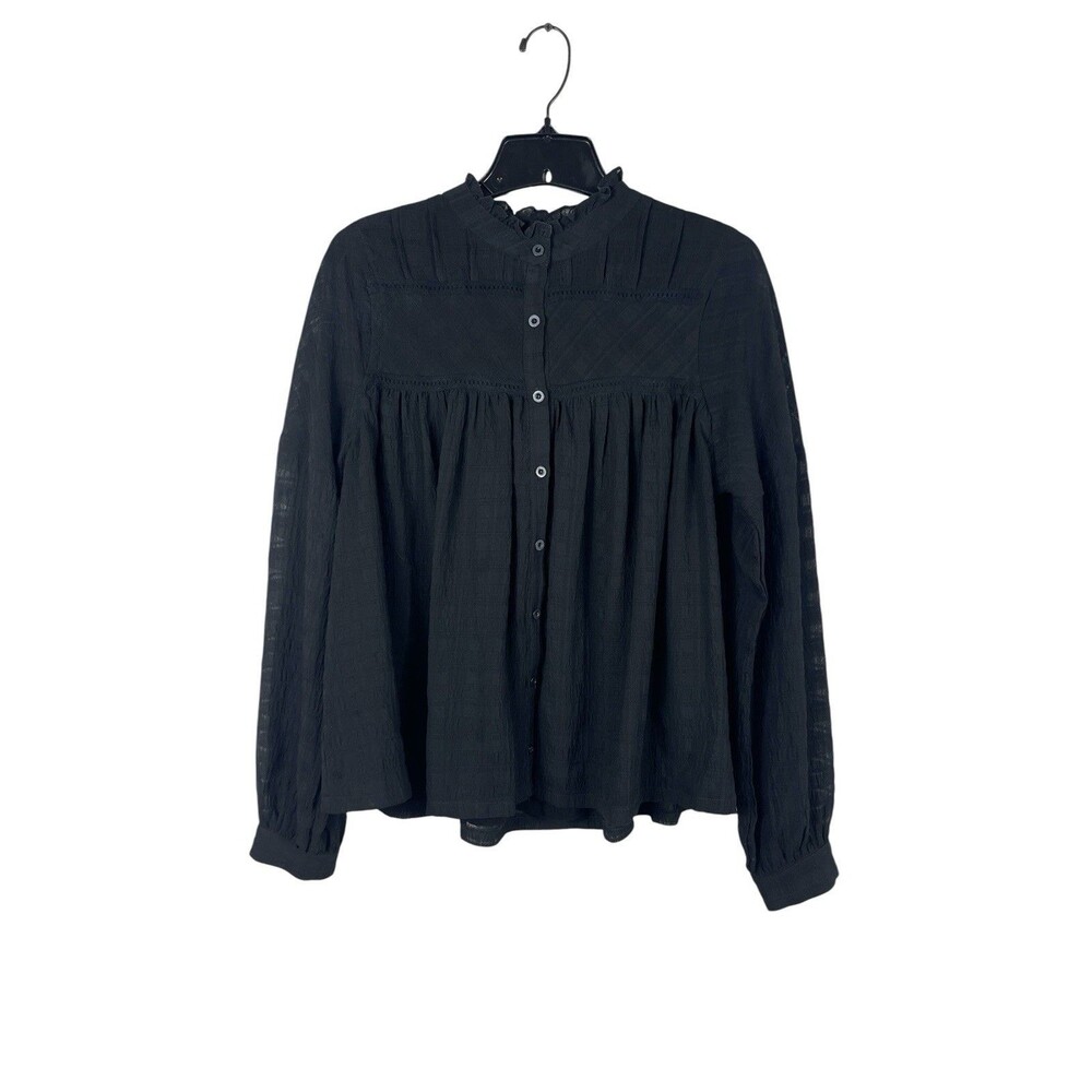 Allison New York Black Prairie Peasant Blouse Womens M Mock Neck Button Up Top